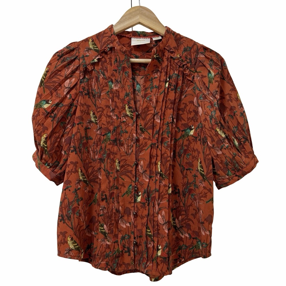 Anthropologie Maeve Liliana‎ Pleated Bird Floral Print Blouse Top Size XS Boho
